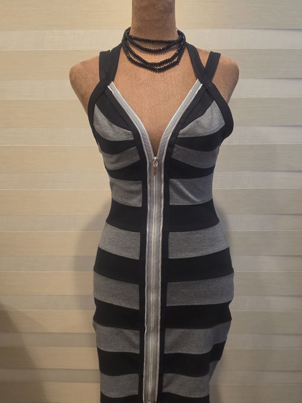bebe Black & Gray Striped Zip-Front Midi Bodycon Dress